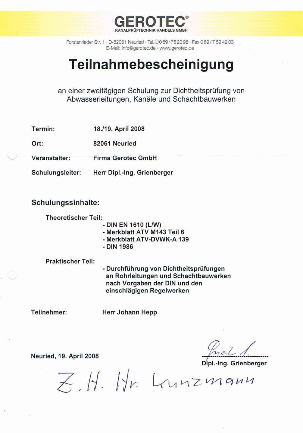 Teilnahmebestätigung Weiterbildung