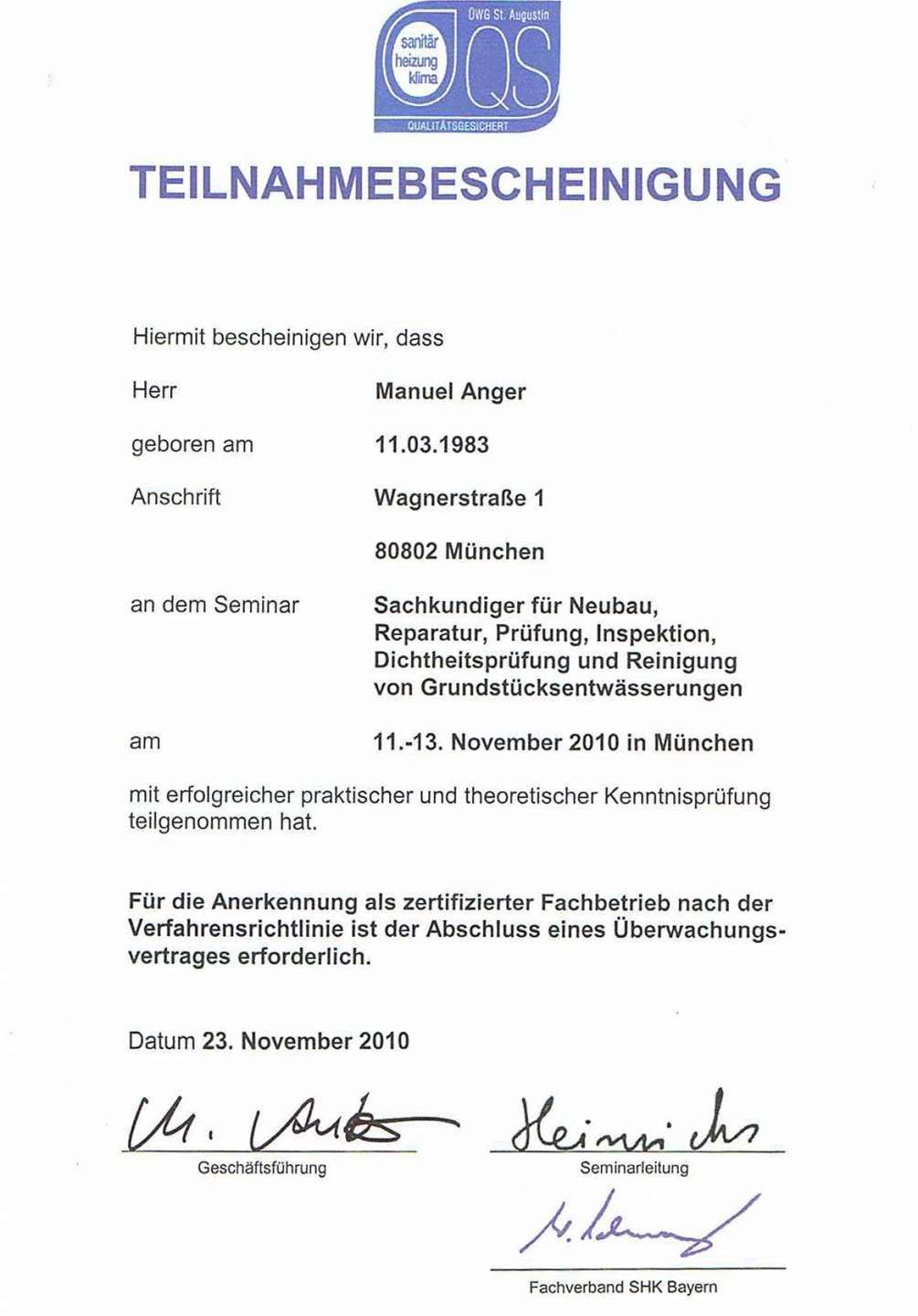 Teilnahmebestätigung Weiterbildung