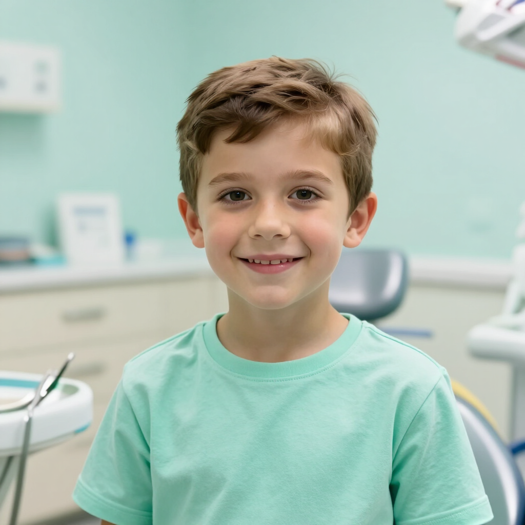 Niño sonriente con una camiseta verde menta sentado en una clínica dental