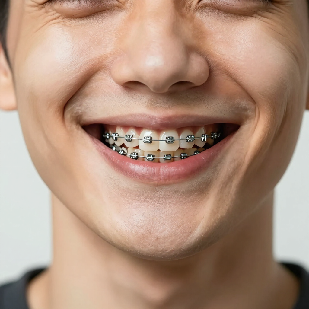 Primer plano de una persona sonriente con brackets plateados en los dientes