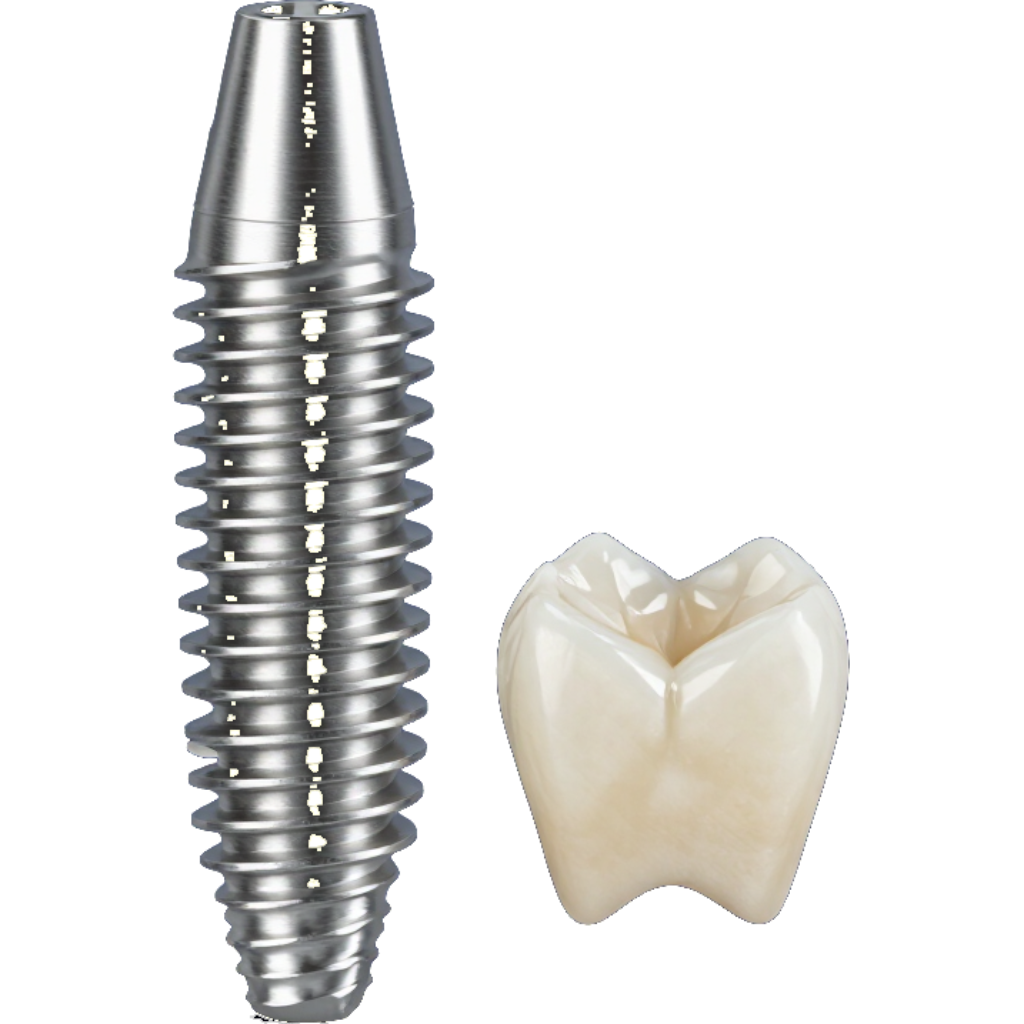 Implante dental junto a una corona de molar blanca sobre un fondo liso