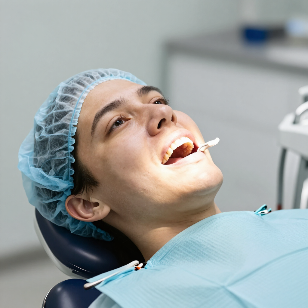 Paciente dental reclinado en el sillón, con gorro azul y la boca abierta durante el tratamiento
