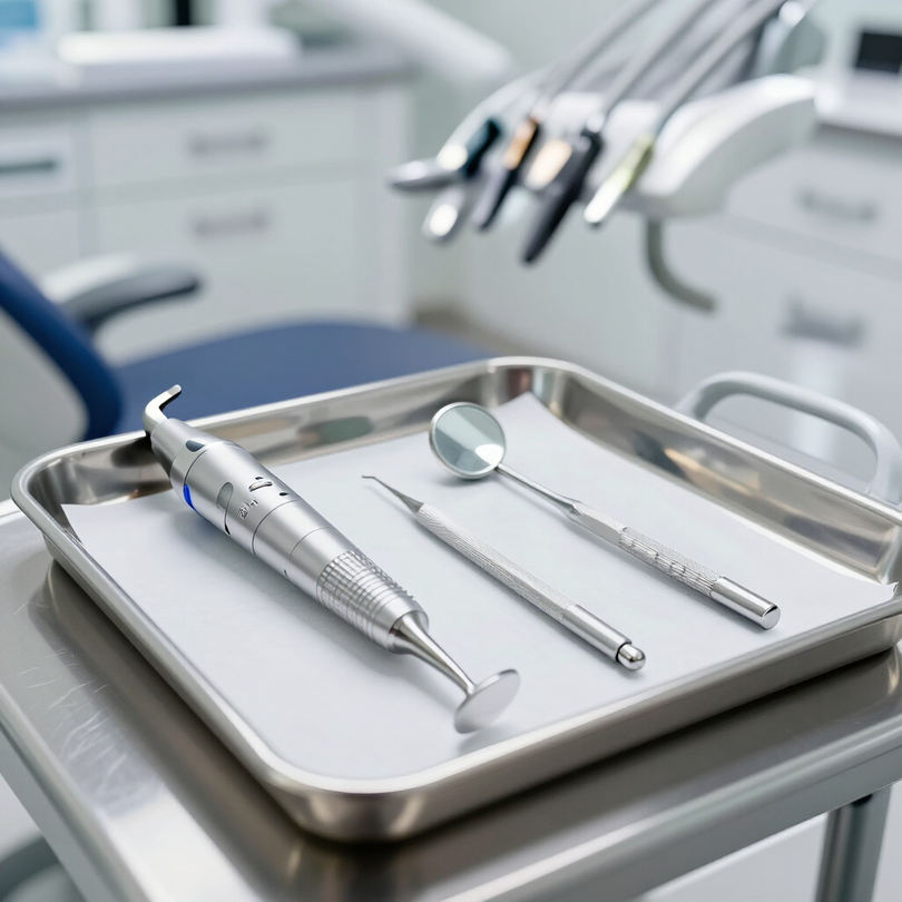 Instrumental dental sobre una bandeja en una clínica, con un sillón dental desenfocado al fondo.