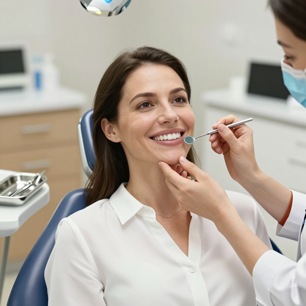 Un dentista examina los dientes de una paciente sonriente en una clínica luminosa