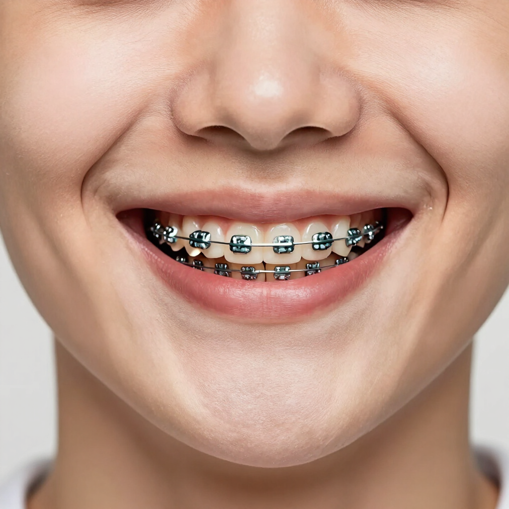 Primer plano de una boca sonriente con brackets metálicos en los dientes