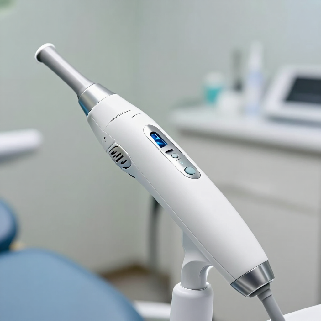 Pieza de mano dental blanca en una clínica, con detalles azules sobre un soporte blanco.