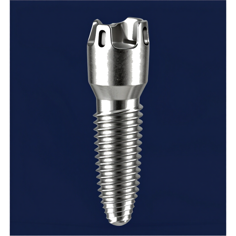 Tornillo de implante dental metálico sobre un fondo azul