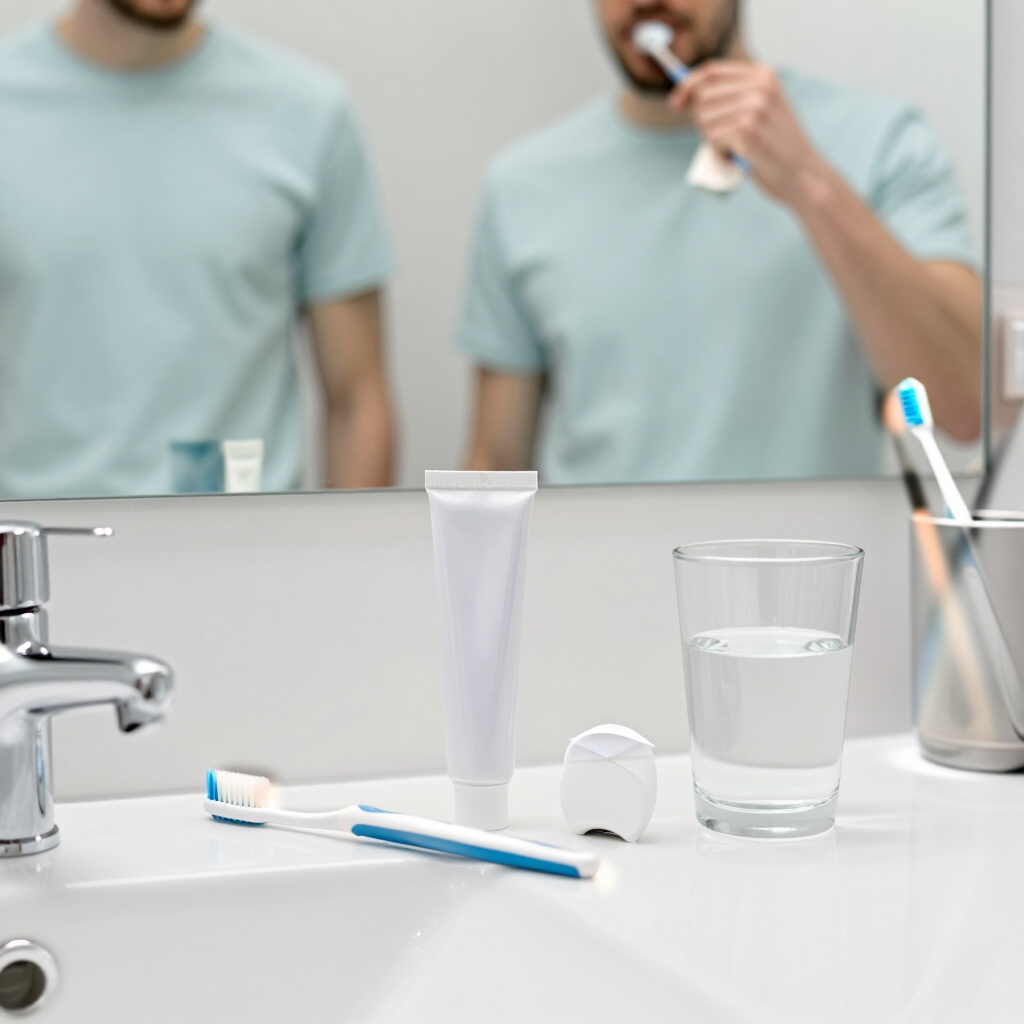 Lavabo del baño con cepillos de dientes, pasta
