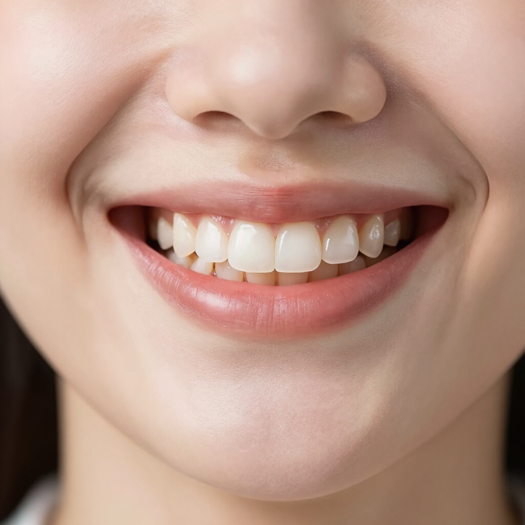 Primer plano de una boca sonriente con dientes blancos y labios rosados