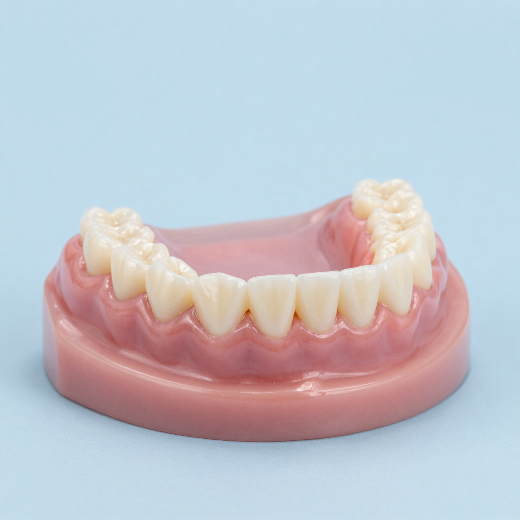 Modelo dental con una hilera de dientes blancos sobre encías rosas y un fondo azul claro