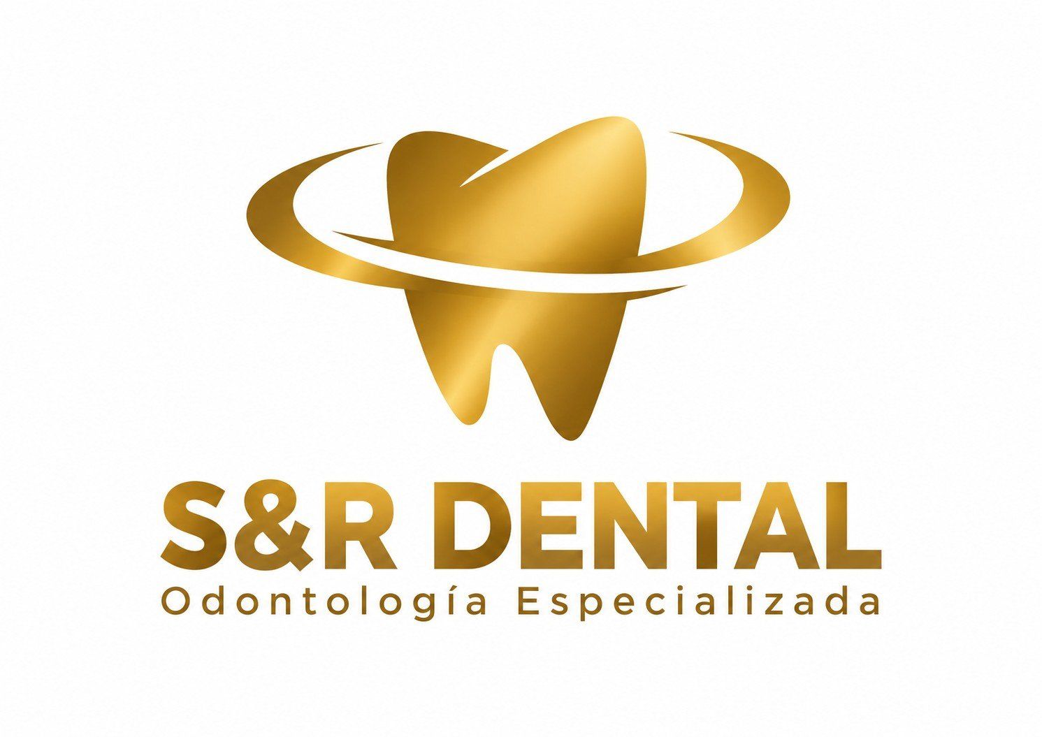 Logotipo de S&R Dental en dorado, con un diente estilizado y un anillo, y el texto &laquo;Odontolog&iacute;a Especializada&raquo; debajo