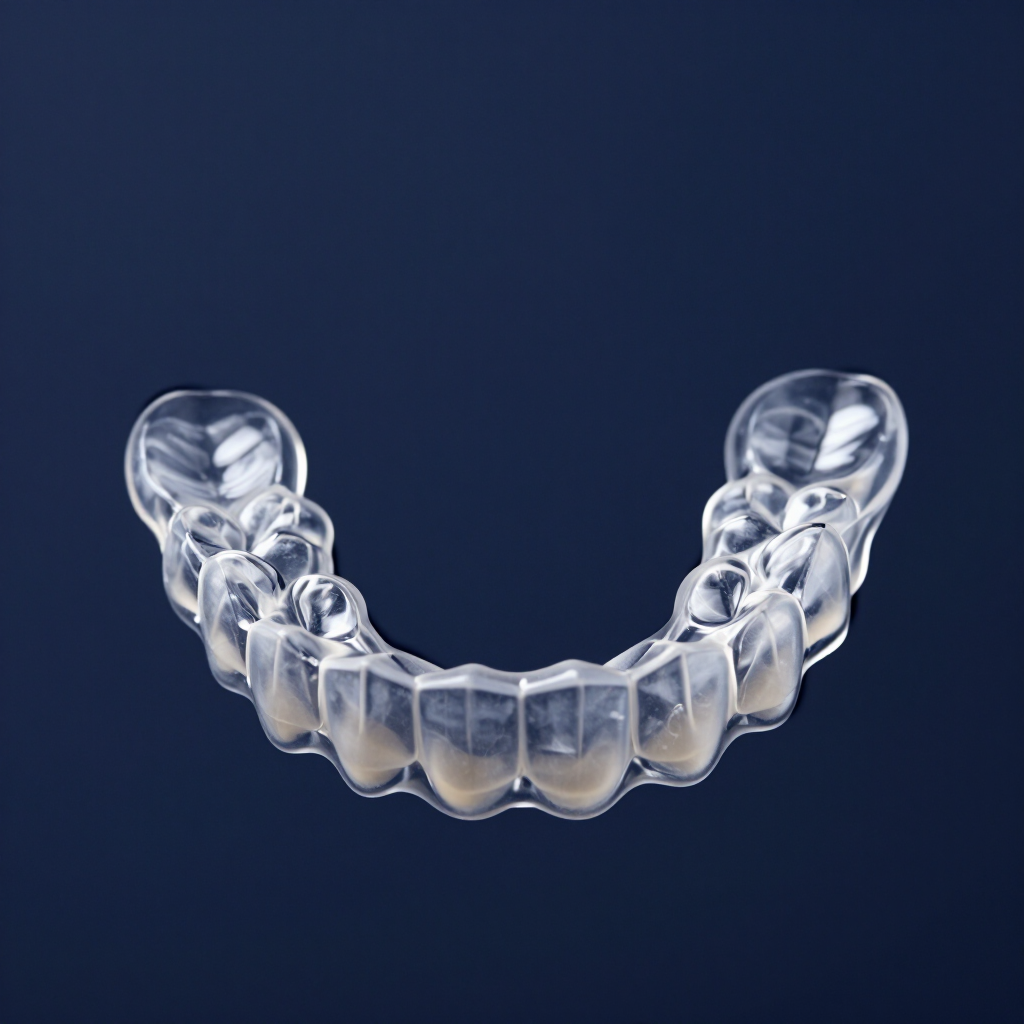 Alineador dental de plástico transparente sobre un fondo azul oscuro