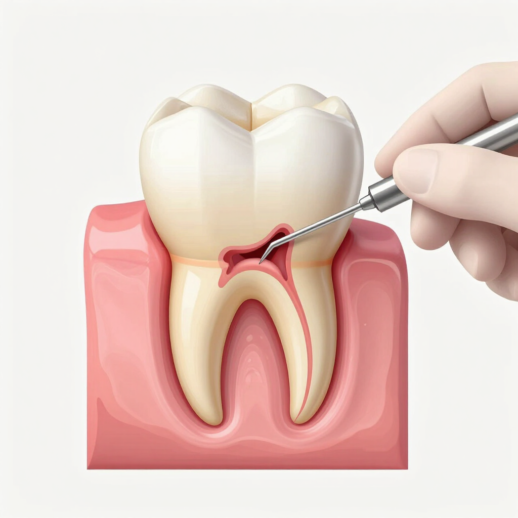 Caries dental limpiada con un instrumento odontológico en una ilustración transversal de la encía