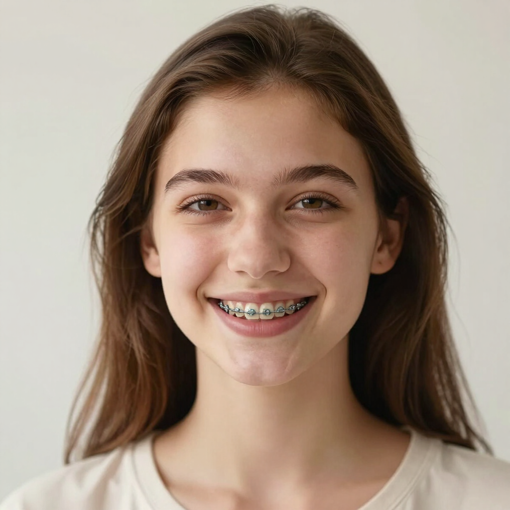 Persona sonriente con el pelo largo y castaño y aparato dental, sobre un fondo claro