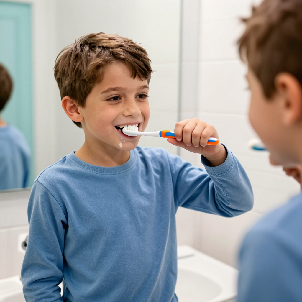 Un niño cepillándose los dientes frente al espejo del baño, con una camiseta azul y sonriendo