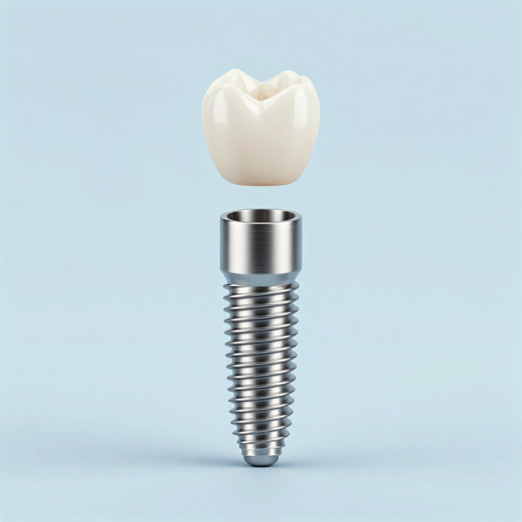 Implante dental con una corona flotando encima, sobre un fondo azul claro