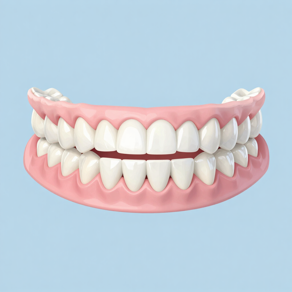 Modelo 3D de prótesis dentales superiores e inferiores con encías rosadas sobre un fondo azul claro