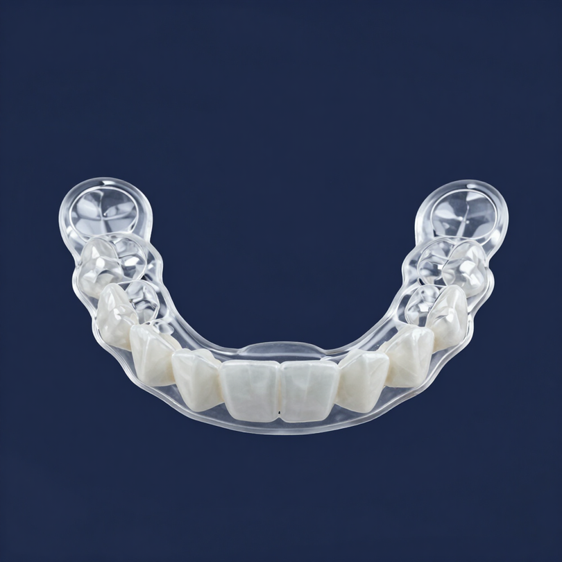 Férula transparente de alineación dental con molde de dientes blancos sobre un fondo azul oscuro