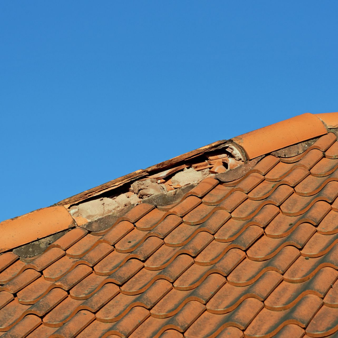 Gros plan sur un toit de tuiles en terre cuite endommagé, se détachant sur un ciel bleu clair.