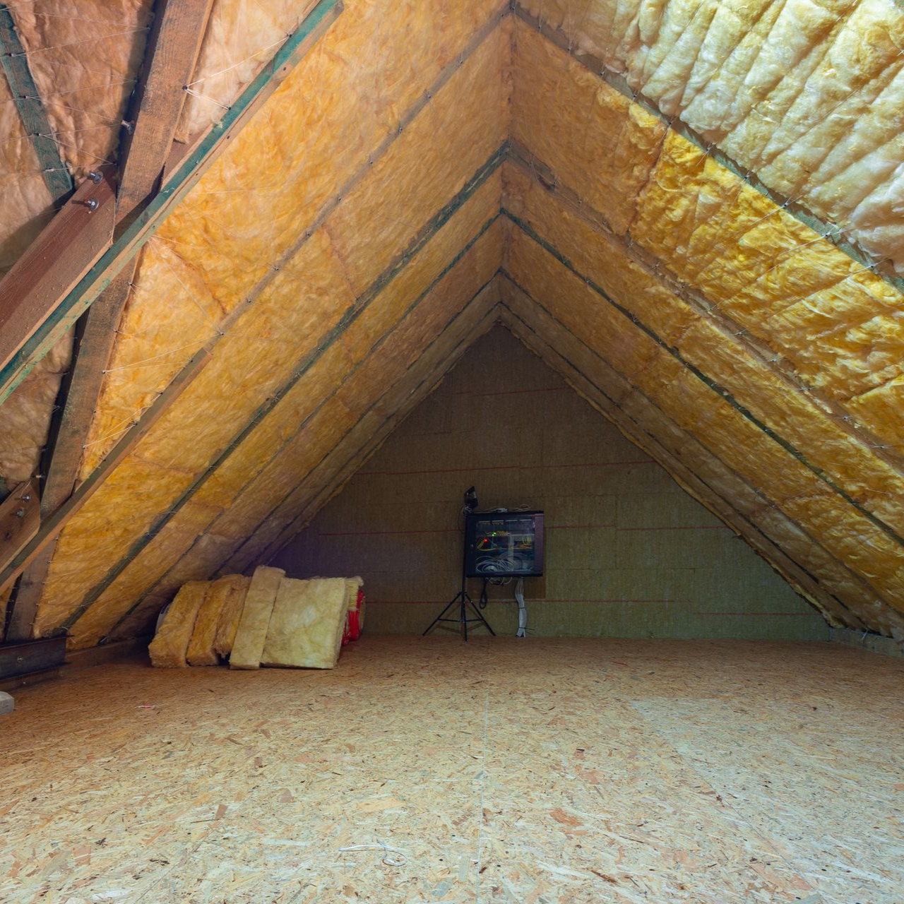Grenier avec plancher en bois et isolation, espace vide avec un boîtier électrique.