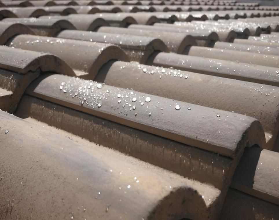 Gros plan sur des tuiles de toit en terre cuite brune, certaines avec des gouttelettes d'eau.