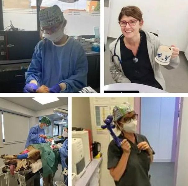 Cuatro fotografías: una persona en cirugía, otra sosteniendo una taza y otras dos realizando procedimientos médicos.