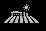 Un dibujo en blanco y negro de una casa y un campo con un sol al fondo.
