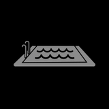 Un icono en blanco y negro de una piscina sobre un fondo negro.