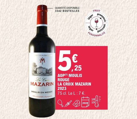 5,25 € la bouteille de 75 centilitres de Moulis rouge La Croix Mazarin 2023 AOP. Prix du litre à 7 €. Quantité disponible : 3 342 bouteilles. À consommer sur de la viande blanche, sur des brochettes, avec du fromage. À conserver entre 15 à 18 degrés et jusqu’en 2028. Fruit : prononcé ; personnalité : puissant.