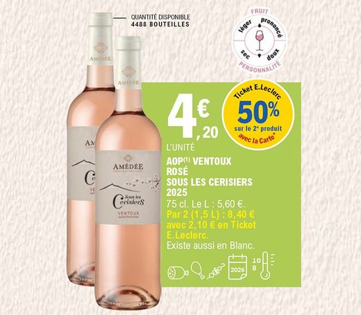 50 % en ticket E.Leclerc avec la carte sur le 2e produit. Bouteille de 75 cl AOP Ventoux rosé Sous les Cerisiers 2025 au prix de 4,20 € l’unité. Prix du litre à 5,60 €. Soit les 2 bouteilles (1,5 L) au prix de 8,40 € avec 2,10 € en ticket E.Leclerc. Existe aussi en Blanc. Quantité disponible : 4 488 bouteilles. À consommer avec de la charcuterie, de la viande blanche, des brochettes. À conserver entre 8 à 10 degrés jusqu’en 2026. Fruit : prononcé ; personnalité : entre sec et doux.