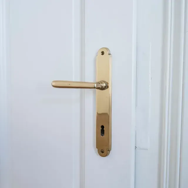 Un primer plano de una manija de puerta de latón en una puerta blanca.