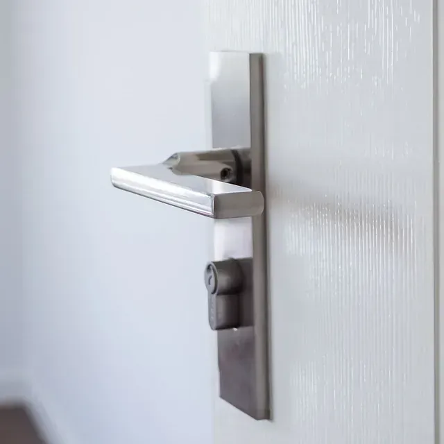Un primer plano de una manija de puerta en una puerta blanca.