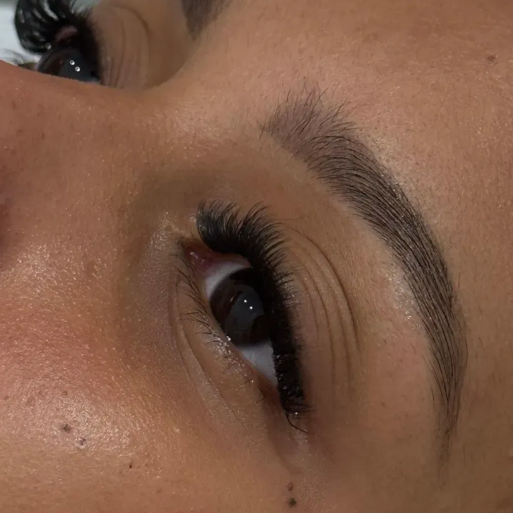 Primer plano de un ojo con pestañas oscuras y una ceja poblada y arqueada; el ojo está abierto.