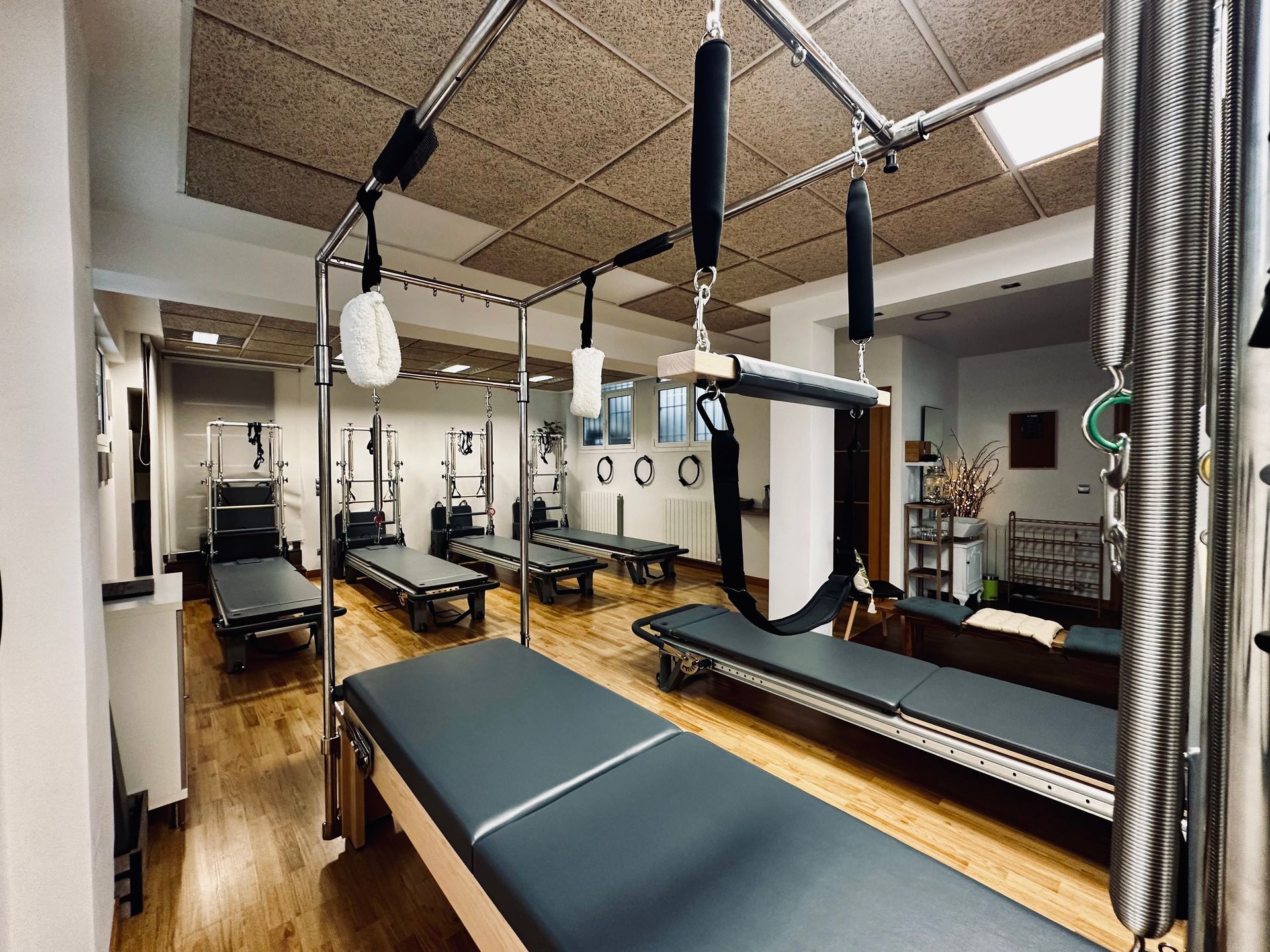 Un grupo de personas está haciendo flexiones en un gimnasio.