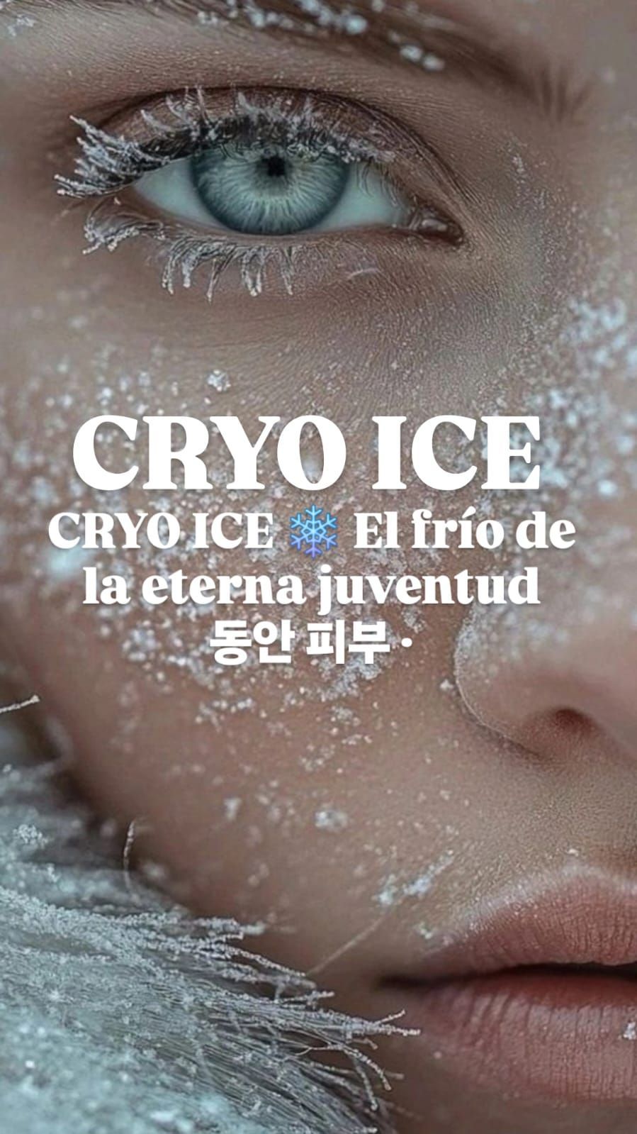 Primer plano de un rostro helado con ojos azules y cristales de hielo blancos, con el texto 