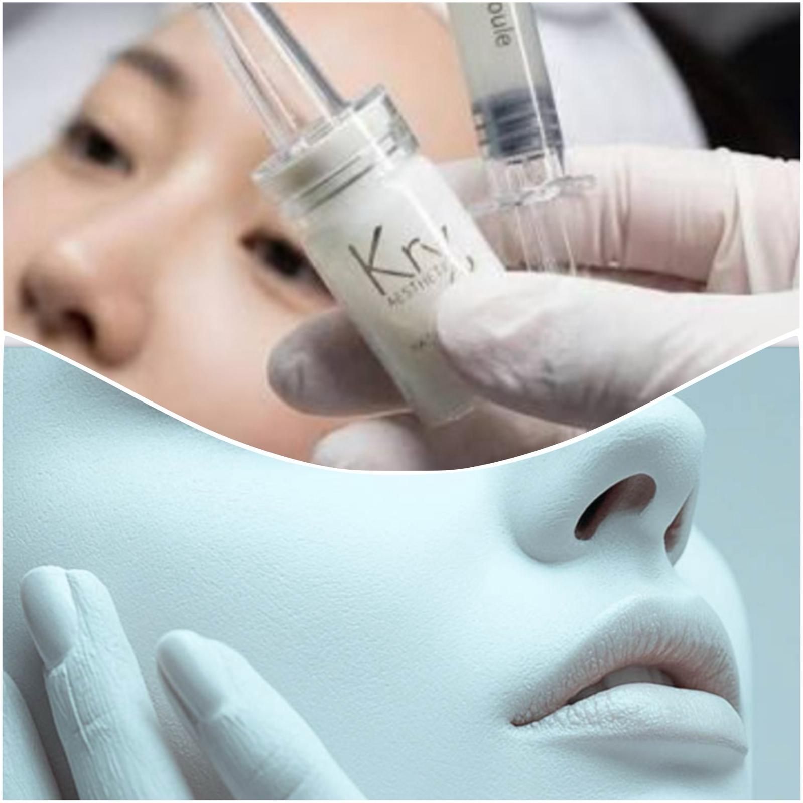 Primer plano de una jeringa cosmética y una crema que se aplican en el rostro de una mujer en un entorno de spa.