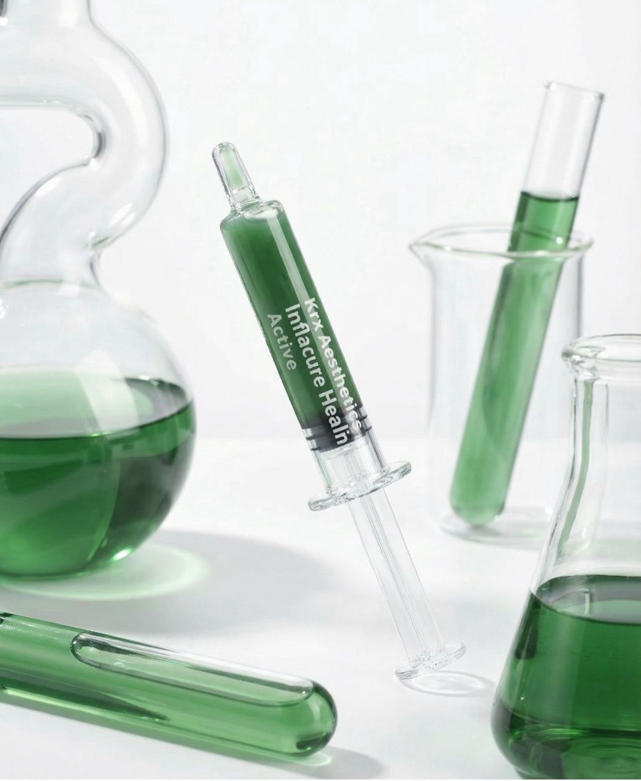 Líquido verde en material de vidrio de laboratorio y jeringas sobre un fondo blanco.