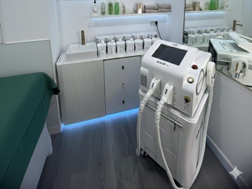 Sala de tratamientos de esteticista con estantes de productos, un dispositivo médico y una cama.