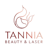 Logotipo de Tannia Beauty & Laser: llama estilizada de cobre sobre el nombre en letras de cobre.
