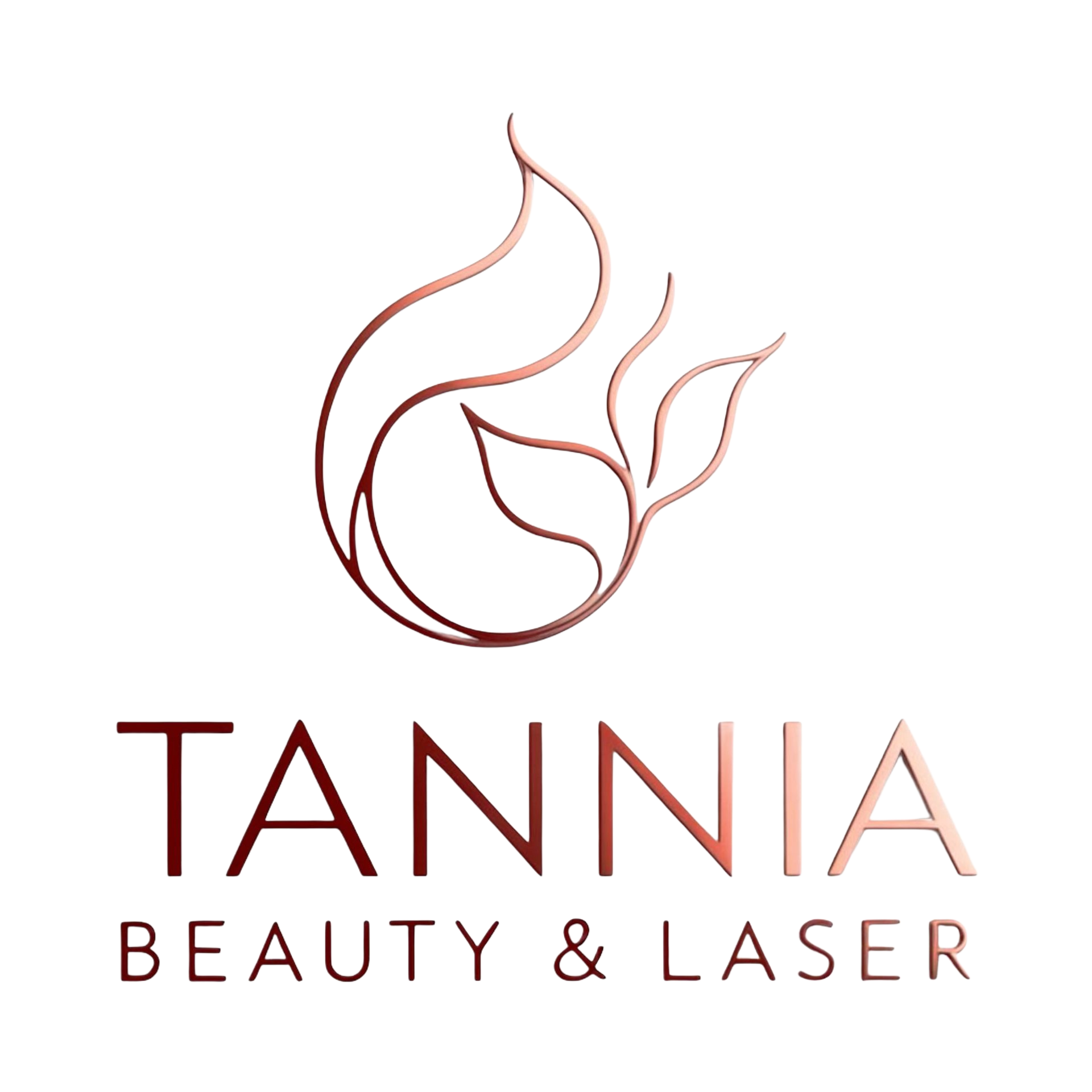 Logotipo para Tannia Beauty & Laser: diseño de llama de color cobre sobre el nombre de la marca.