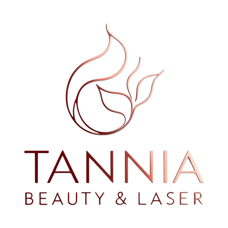 Logotipo para Tannia Beauty & Laser: diseño de llama de color cobre sobre el nombre de la marca.
