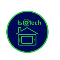 Logotipo de IsIoTtech con el contorno de una casa y una tableta en su interior, rodeado por un círculo verde.