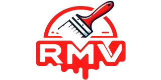 Un logotipo rojo y blanco con un pincel y la palabra RMV.