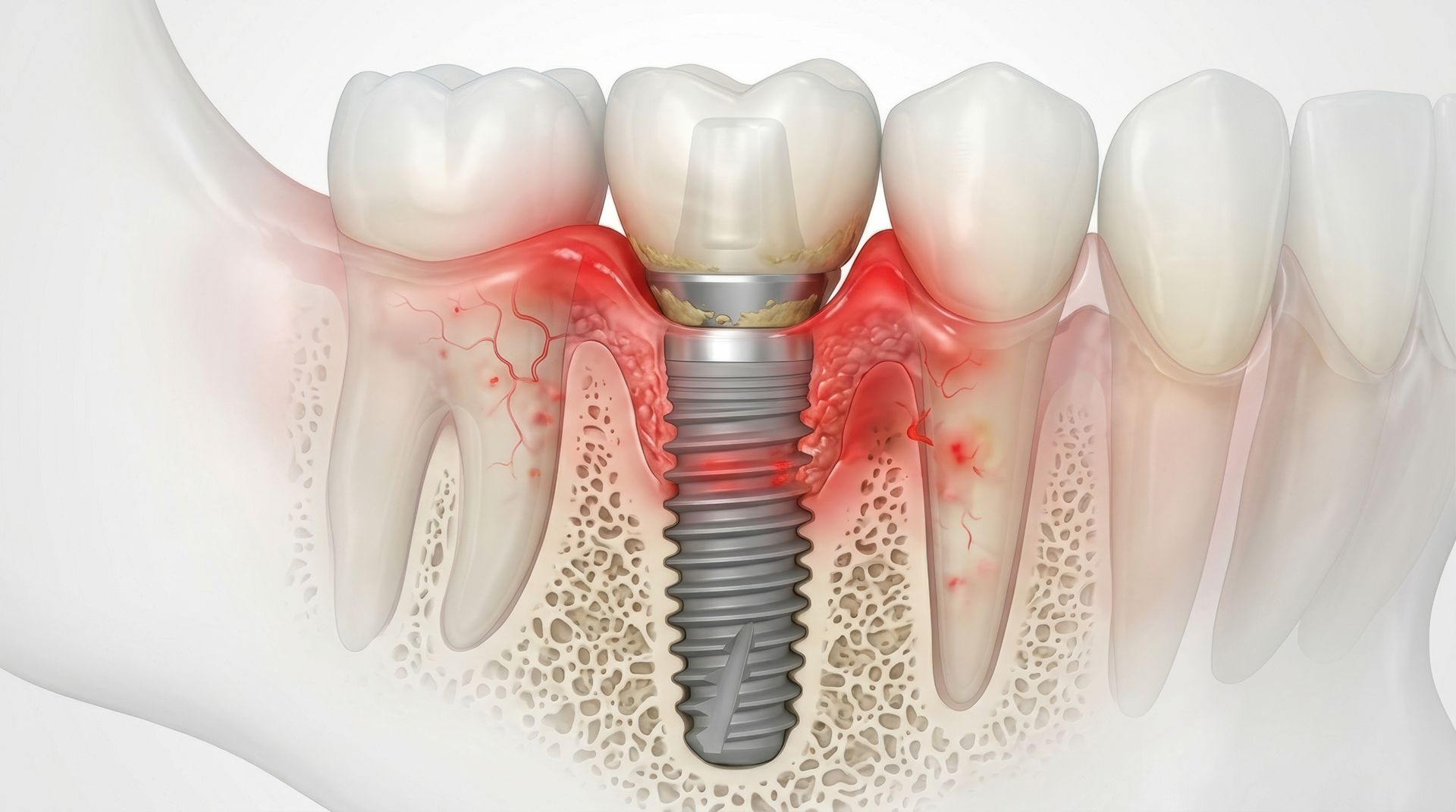 Implant dentaire avec gencives enflammées et perte osseuse mises en évidence en rouge autour de la dent