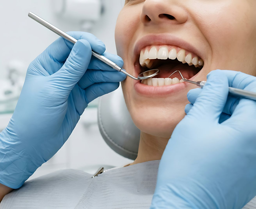Un dentiste examine les dents d'un patient à l'aide d'un miroir dentaire et de gants bleus.
