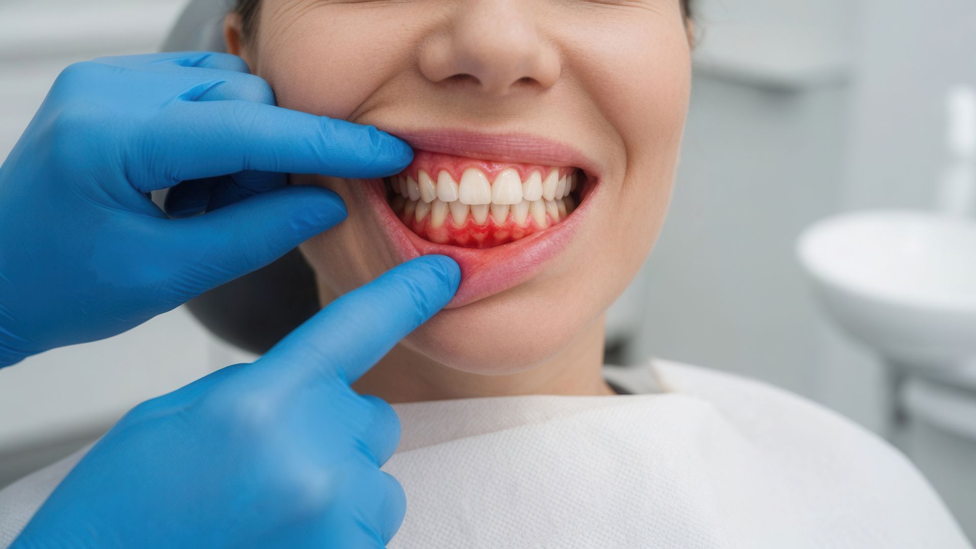 Un dentiste examine les dents d'un patient souriant avec des gants bleus dans une clinique