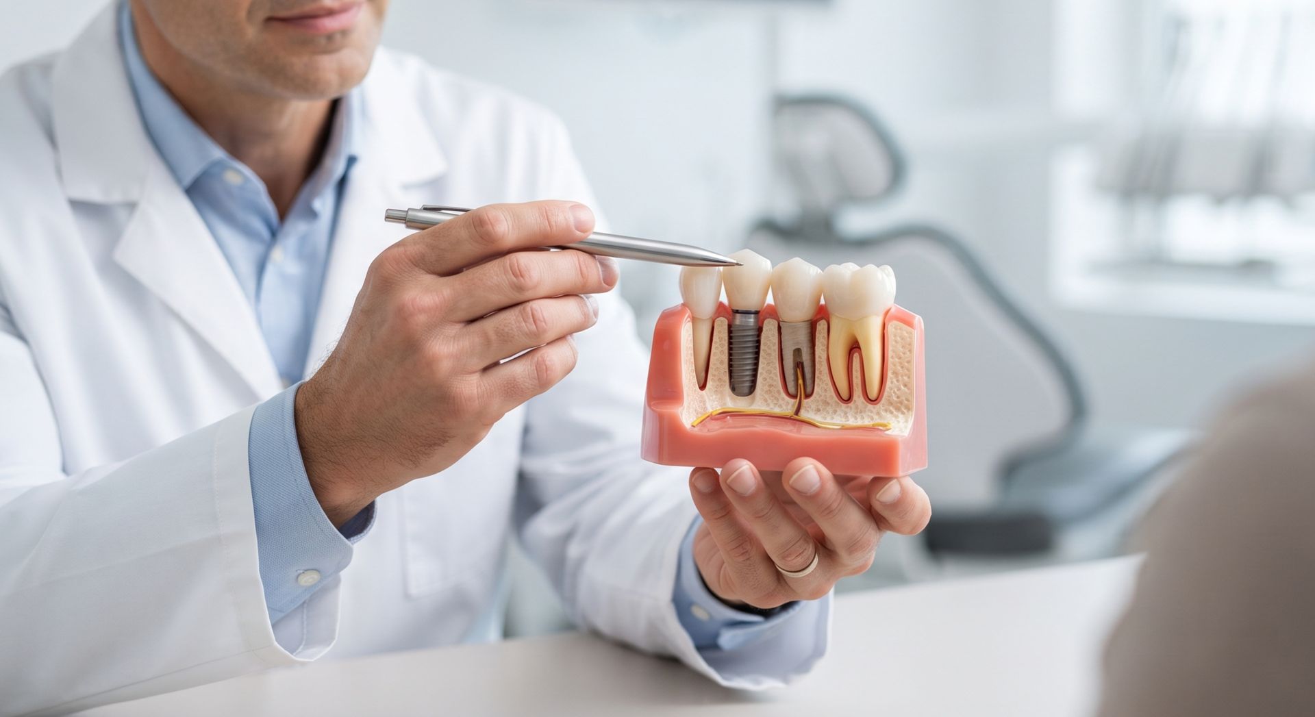 Le dentiste montre un modèle de dents et de gencives lors d'une consultation dentaire.