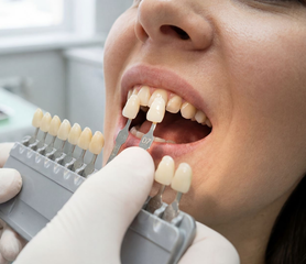 Le dentiste choisit la teinte des dents à l'aide d'un nuancier lors d'une intervention dentaire.
