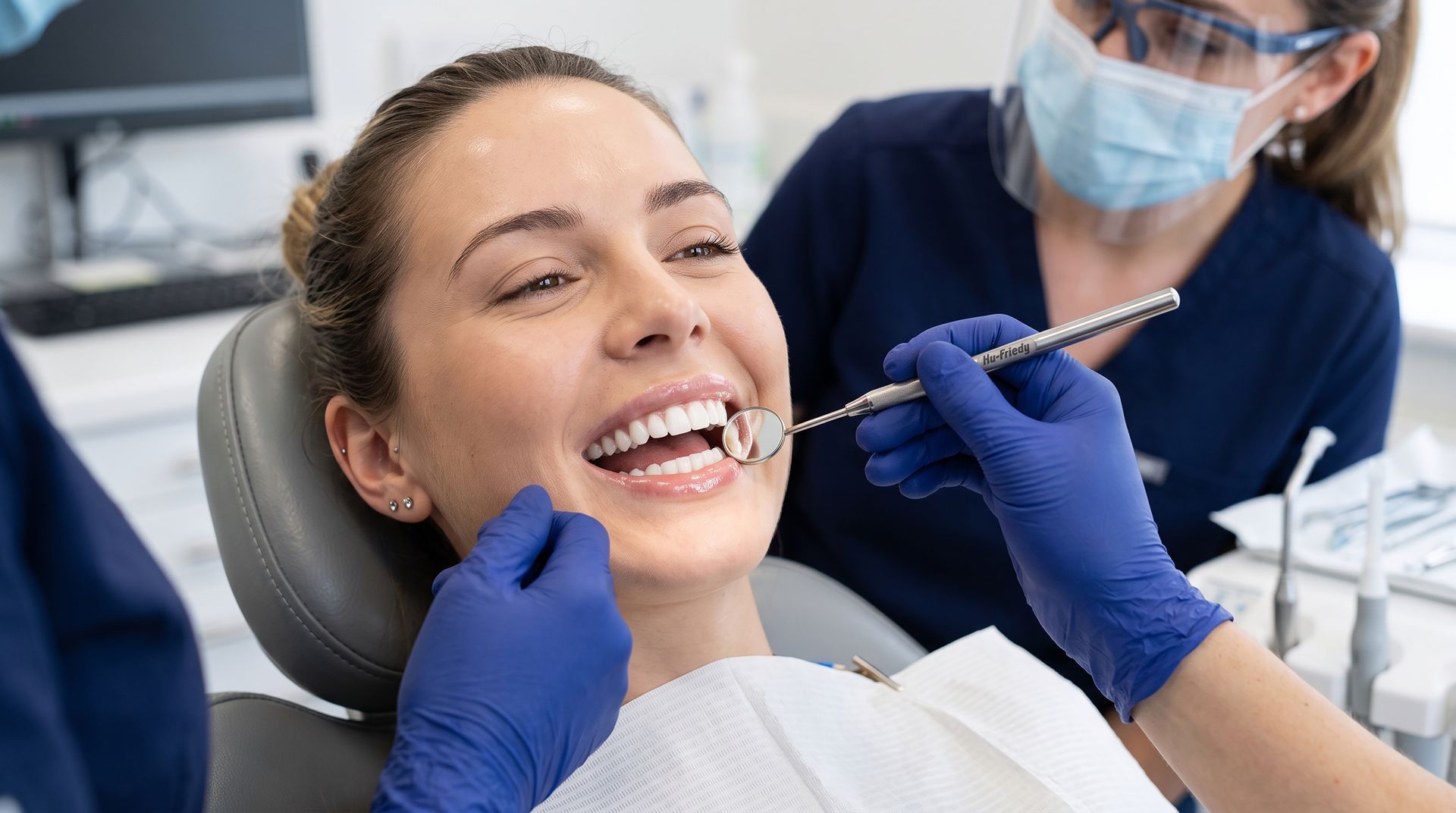 Un dentiste examine les dents d'un patient souriant dans sa clinique, avec une assistante gantée à proximité.