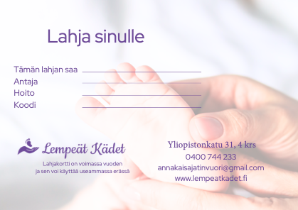 Violetti Leipää Välit -lahjakortti kuponkiriveillä ja yhteystiedoilla kädenpuristustaustan päällä